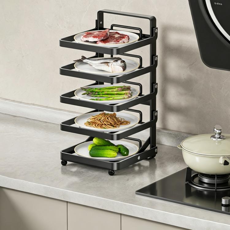 Multi-Tier Kitchen Food Preparation Rack Foldable Storage Rack, Color: Black 5-layer Desktop