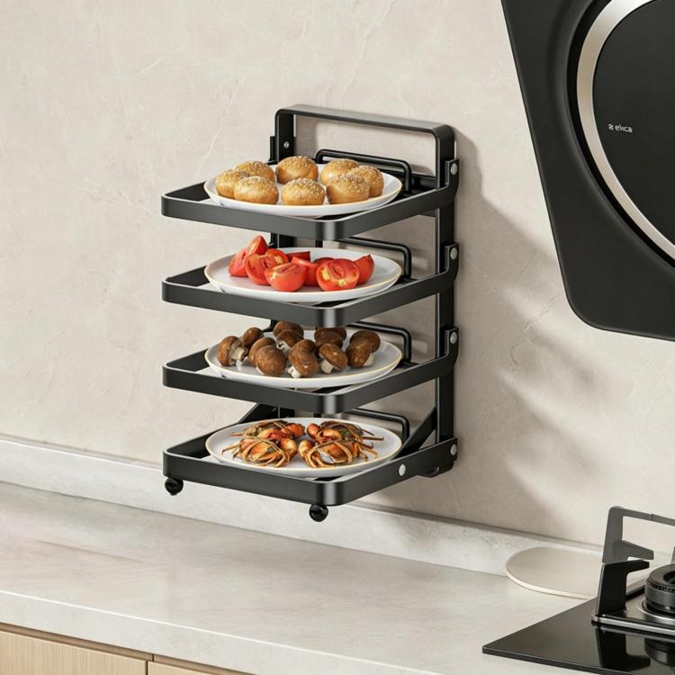 Multi-Tier Kitchen Food Preparation Rack Foldable Storage Rack, Color: Black 4-layer Wall-mounted