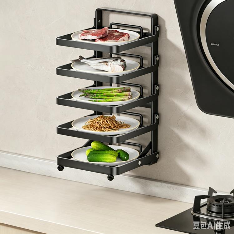 Multi-Tier Kitchen Food Preparation Rack Foldable Storage Rack, Color: Black 5-layer Wall-mounted