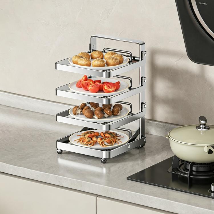 Multi-Tier Kitchen Food Preparation Rack Foldable Storage Rack, Color: Stainless Steel 4-layer Desktop