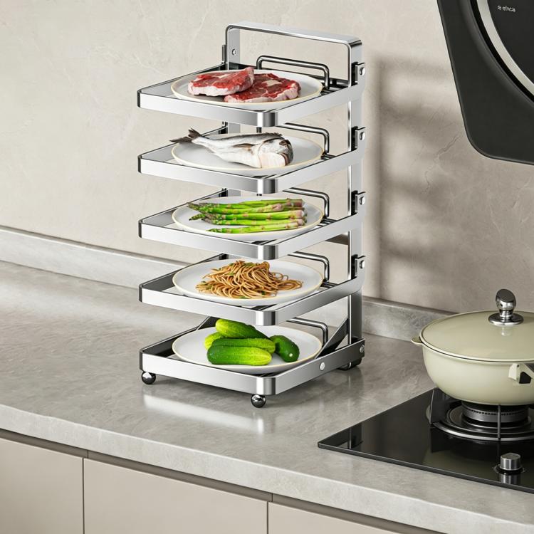 Multi-Tier Kitchen Food Preparation Rack Foldable Storage Rack, Color: Stainless Steel 5-layer Desktop