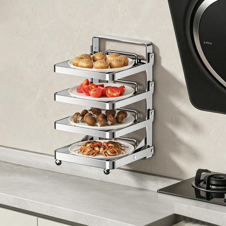 Multi-Tier Kitchen Food Preparation Rack Foldable Storage Rack, Color: Stainless Steel 4-layer Wall-mounted