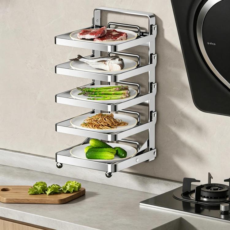 Multi-Tier Kitchen Food Preparation Rack Foldable Storage Rack, Color: Stainless Steel 5-layer Wall-mounted