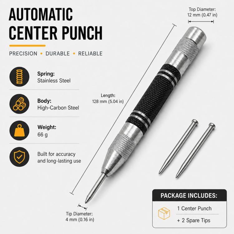 5-Inch Automatic Center Punch Spring Loaded Center Punch Tool Metal/Wood Scriber and Window Glass Breaker Emergency Escape Tool with 2 Spare Tips