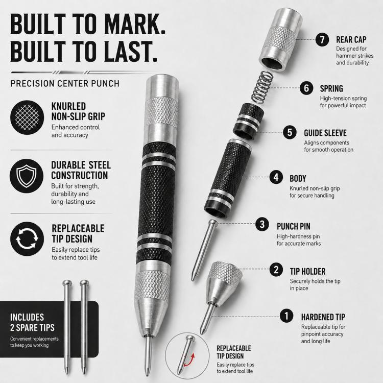 5-Inch Automatic Center Punch Spring Loaded Center Punch Tool Metal/Wood Scriber and Window Glass Breaker Emergency Escape Tool with 2 Spare Tips
