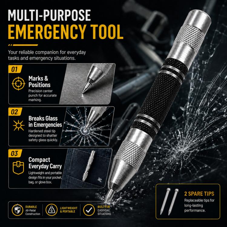 5-Inch Automatic Center Punch Spring Loaded Center Punch Tool Metal/Wood Scriber and Window Glass Breaker Emergency Escape Tool with 2 Spare Tips
