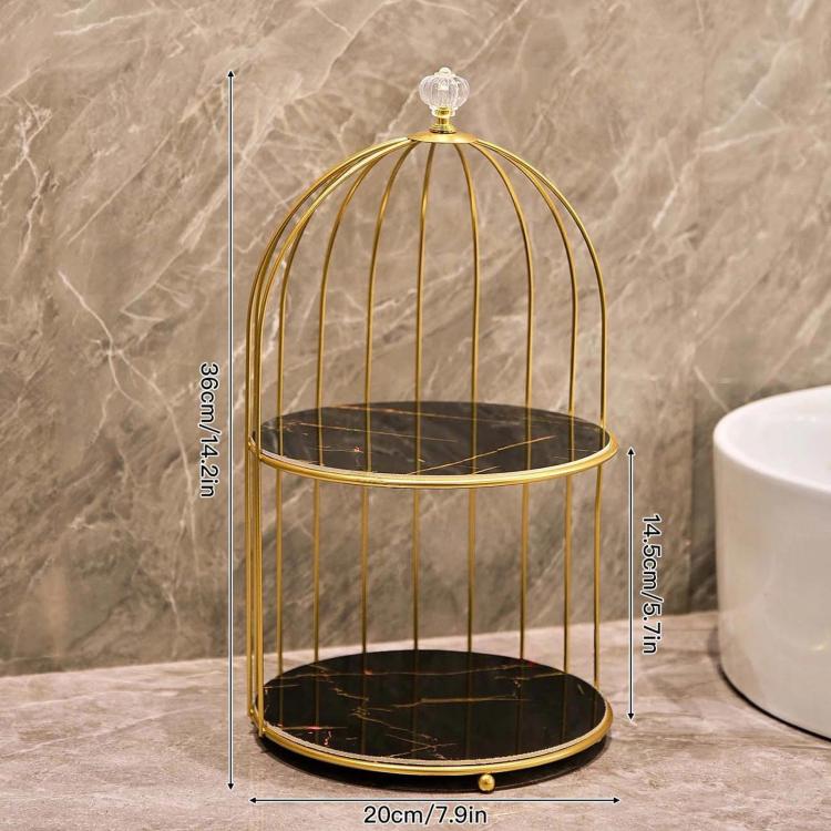Iron Birdcage-Shaped Bathroom Cosmetic Storage Box, Desktop Lipstick & Facial Mask Organizer, Spec: 2-Layer Black Gold