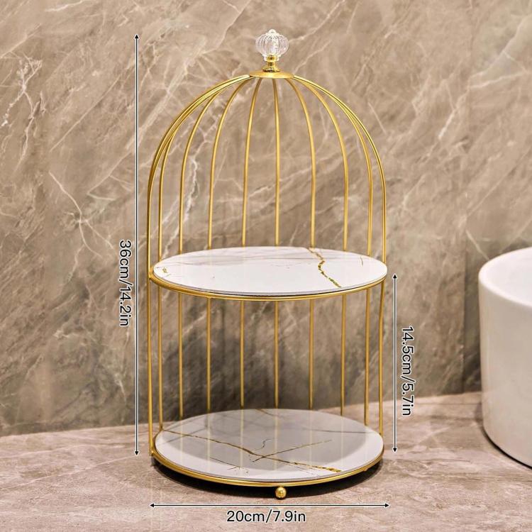 Iron Birdcage-Shaped Bathroom Cosmetic Storage Box, Desktop Lipstick & Facial Mask Organizer, Spec: 2-Layer White Gold