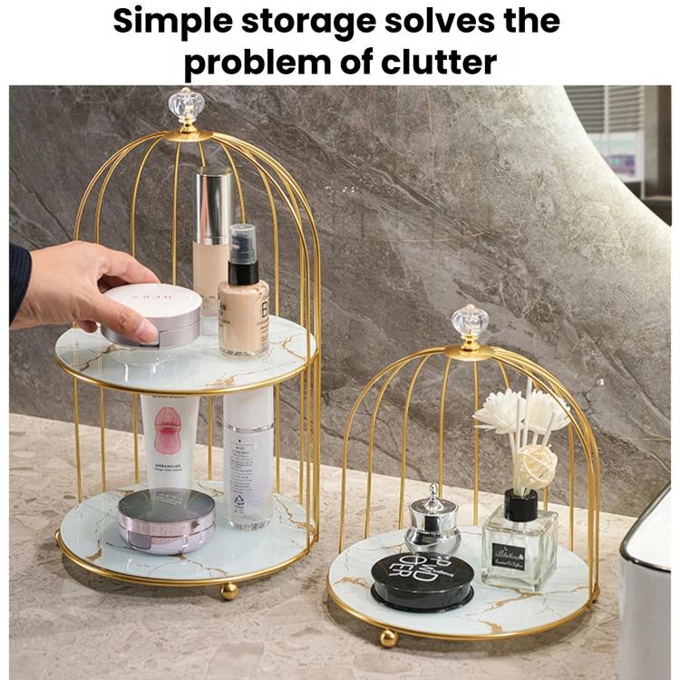 Iron Birdcage-Shaped Bathroom Cosmetic Storage Box, Desktop Lipstick & Facial Mask Organizer, Spec: 2-Layer Black Gold