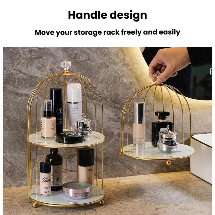 Iron Birdcage-Shaped Bathroom Cosmetic Storage Box, Desktop Lipstick & Facial Mask Organizer, Spec: 1-Layer White Gold