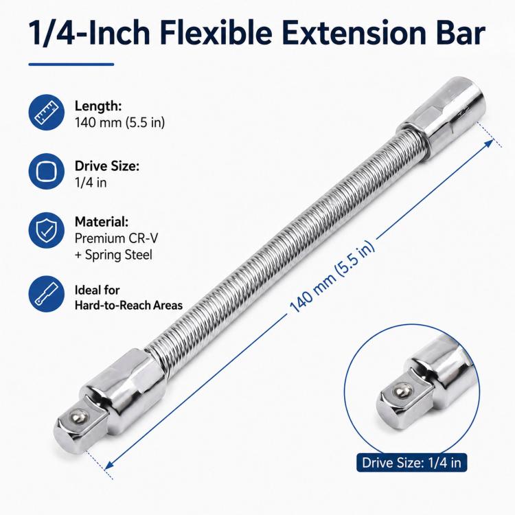 1/4-Inch Drive Flexible Extension Bar 140mm Spring Steel Socket Extension Shaft Flexible Socket Adapter - Silver