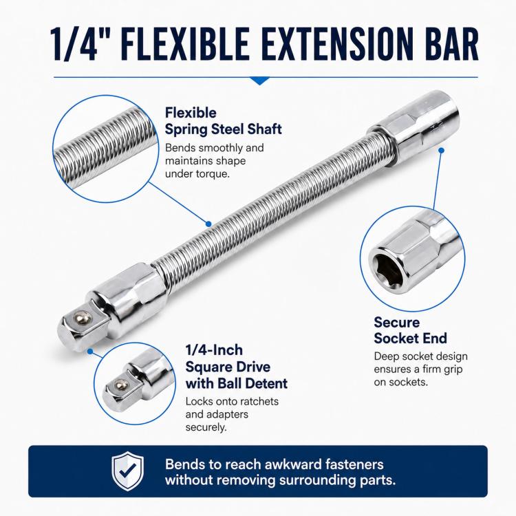 1/4-Inch Drive Flexible Extension Bar 140mm Spring Steel Socket Extension Shaft Flexible Socket Adapter - Silver