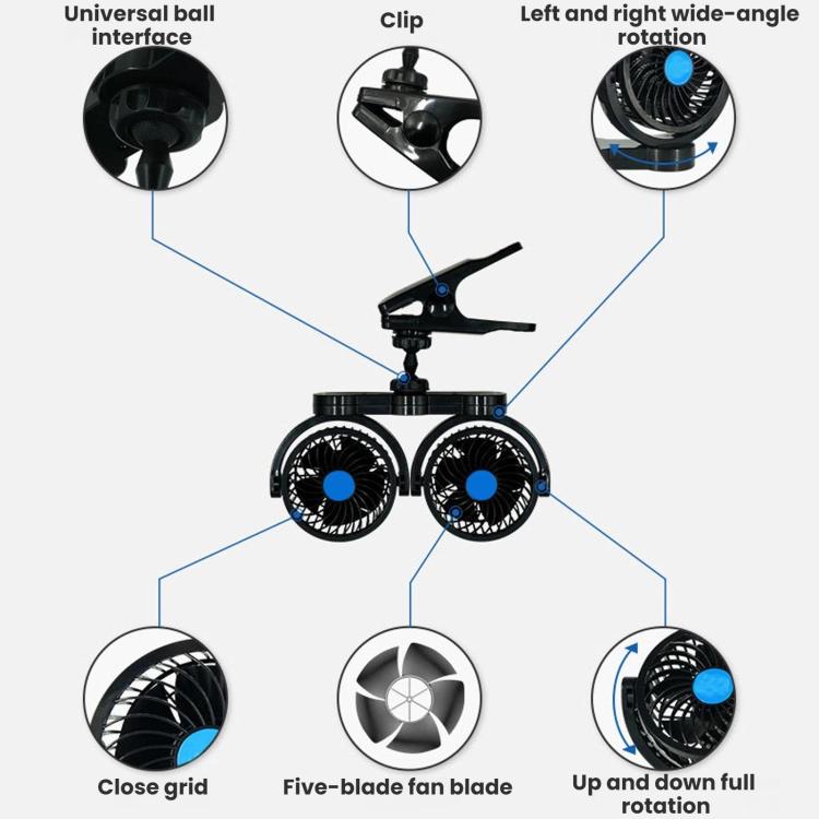 Mitchell Clip-On Stepless Speed Control Portable Dual-Head High-Power Car Fan, Specification: 4 inch 5V - English
