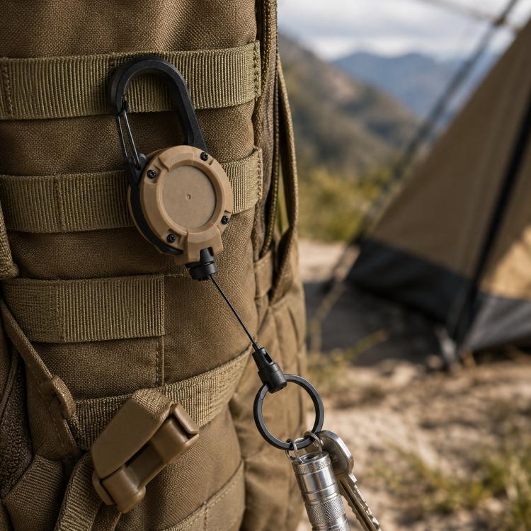 Retractable Keychain Heavy Duty Carabiner Key Reel With 0.9mm Steel Wire Cord Anti-Lost Badge Holder For Belt Loop Outdoor Hiking Camping - Khaki