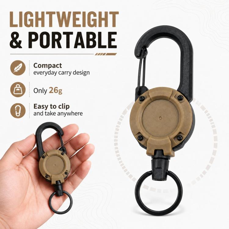 Retractable Keychain Heavy Duty Carabiner Key Reel With 0.9mm Steel Wire Cord Anti-Lost Badge Holder For Belt Loop Outdoor Hiking Camping - Khaki