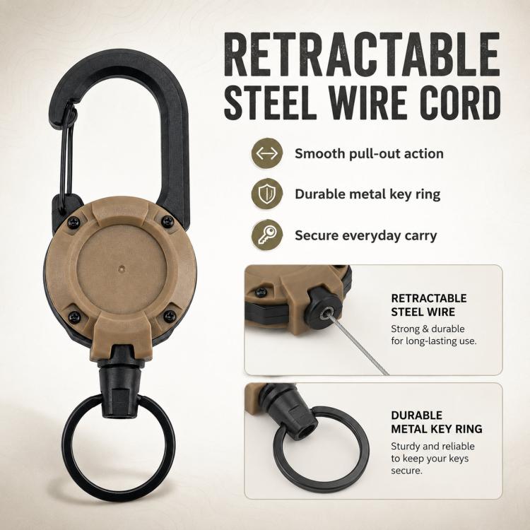 Retractable Keychain Heavy Duty Carabiner Key Reel With 0.9mm Steel Wire Cord Anti-Lost Badge Holder For Belt Loop Outdoor Hiking Camping - Khaki