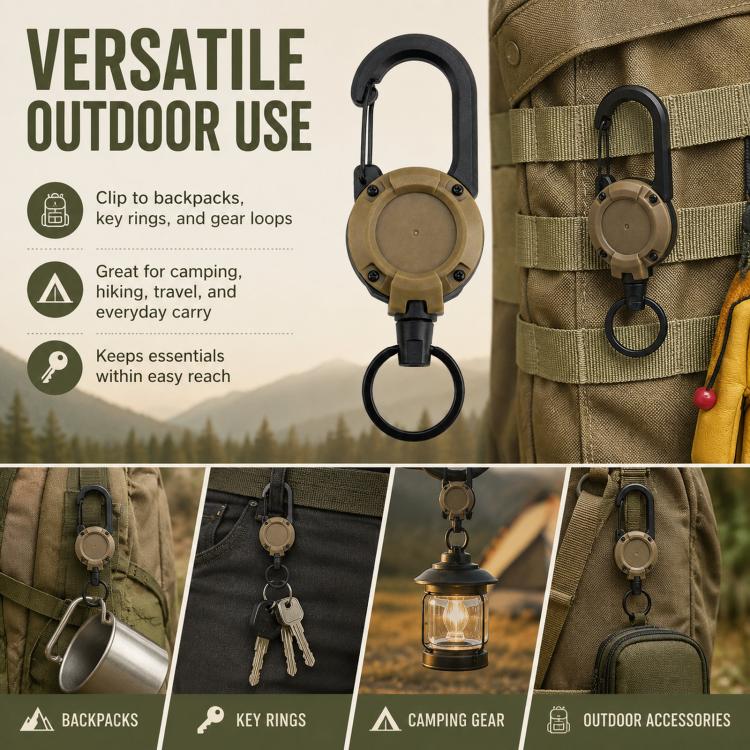 Retractable Keychain Heavy Duty Carabiner Key Reel With 0.9mm Steel Wire Cord Anti-Lost Badge Holder For Belt Loop Outdoor Hiking Camping - Khaki