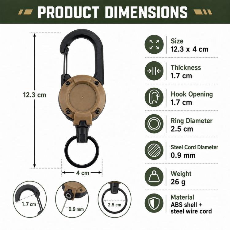 Retractable Keychain Heavy Duty Carabiner Key Reel With 0.9mm Steel Wire Cord Anti-Lost Badge Holder For Belt Loop Outdoor Hiking Camping - Khaki