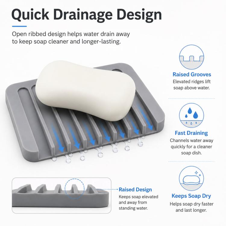 Silicone Soap Dish Self-Draining Bar Soap Holder Flexible Unbreakable Soap Saver Tray for Bathroom Shower, Bathtub and Kitchen Sink - Deep Gray