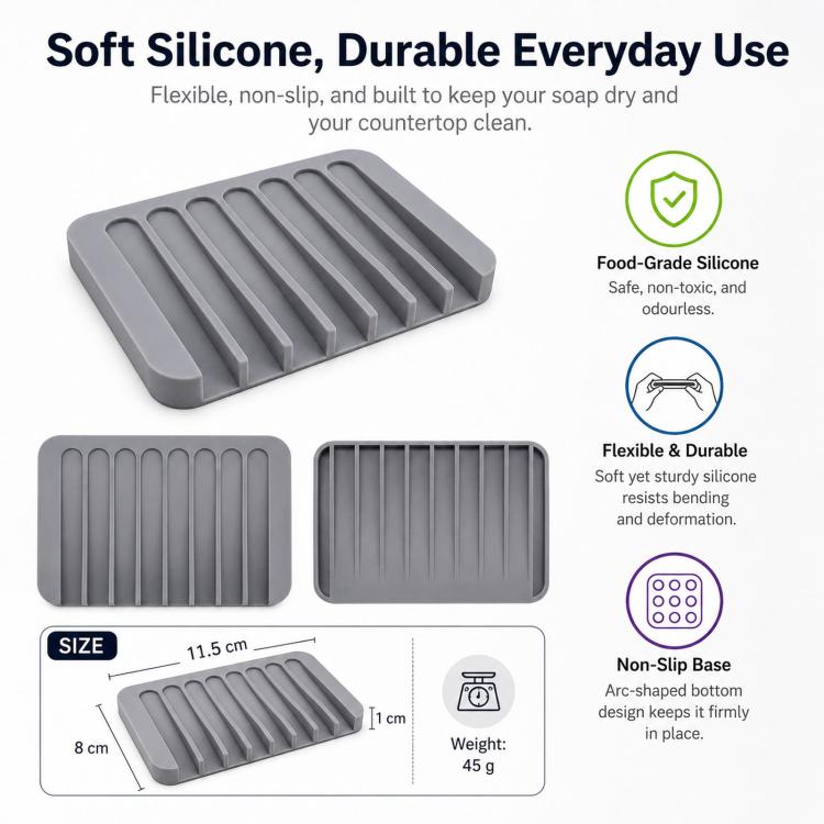 Silicone Soap Dish Self-Draining Bar Soap Holder Flexible Unbreakable Soap Saver Tray for Bathroom Shower, Bathtub and Kitchen Sink - Deep Gray
