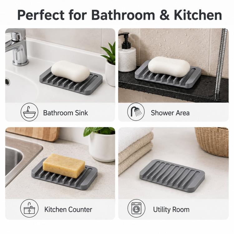 Silicone Soap Dish Self-Draining Bar Soap Holder Flexible Unbreakable Soap Saver Tray for Bathroom Shower, Bathtub and Kitchen Sink - Deep Gray