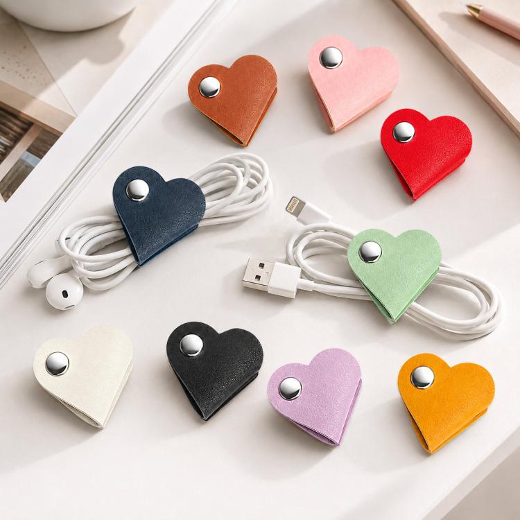 9pcs /Pack Heart Leather Cord Organizer Cute PU Leather Cable Straps for Charging Cord & Headphone, Reusable Wire Keeper Wrap with Metal Snap Clip - Mixed Color