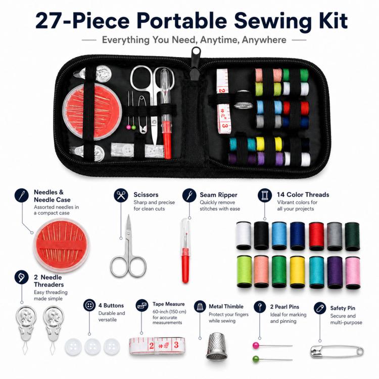 27pcs /Set Portable Sewing Kit Mini Sewing Supplies with 14 Colors Thread, Scissors, Tape Measure, Needles & Case, Travel Sewing Kit for Beginners - Black