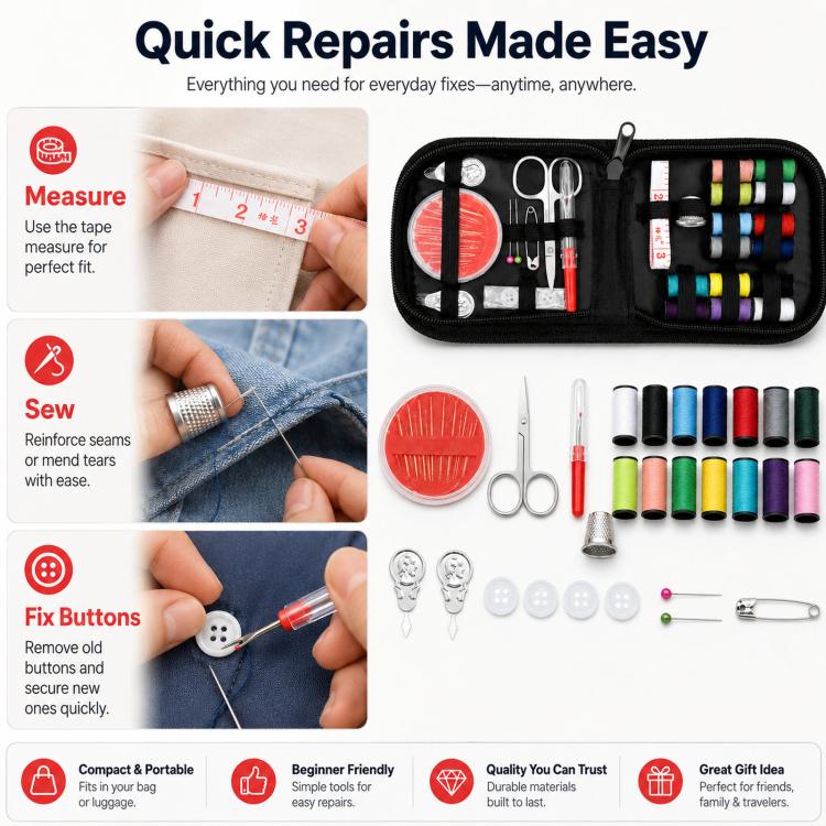 27pcs /Set Portable Sewing Kit Mini Sewing Supplies with 14 Colors Thread, Scissors, Tape Measure, Needles & Case, Travel Sewing Kit for Beginners - Black