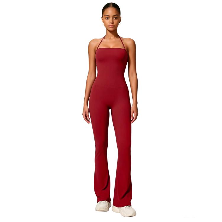 Hip-Lift Halter One-Piece Yoga Jumpsuit, Women Casual Flared Fitness Yoga Outfit, Size: L