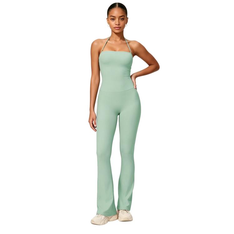 Hip-Lift Halter One-Piece Yoga Jumpsuit, Women Casual Flared Fitness Yoga Outfit, Size: L