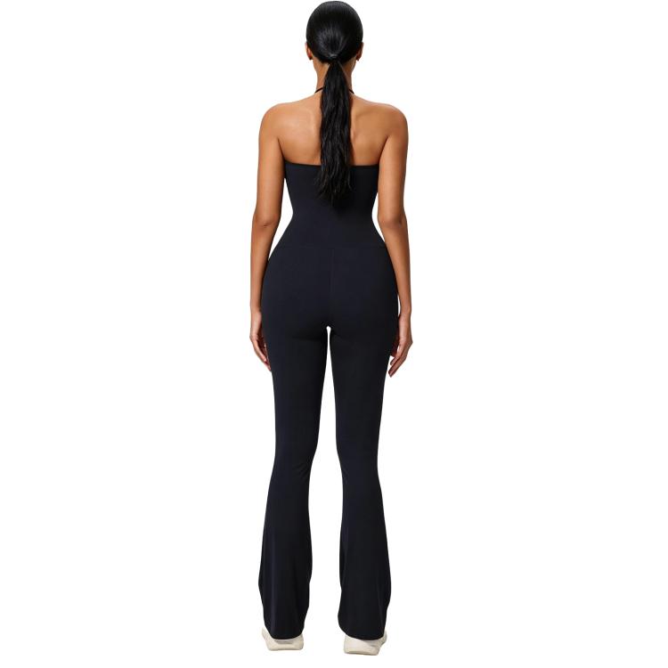 Hip-Lift Halter One-Piece Yoga Jumpsuit, Women Casual Flared Fitness Yoga Outfit, Size: L