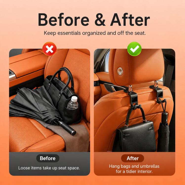 2pcs /Pack Car Headrest Hooks With Tablet Holder 360-Degree Rotatable Backseat Storage Organizer For Purses, Grocery Bags, Umbrellas - Black
