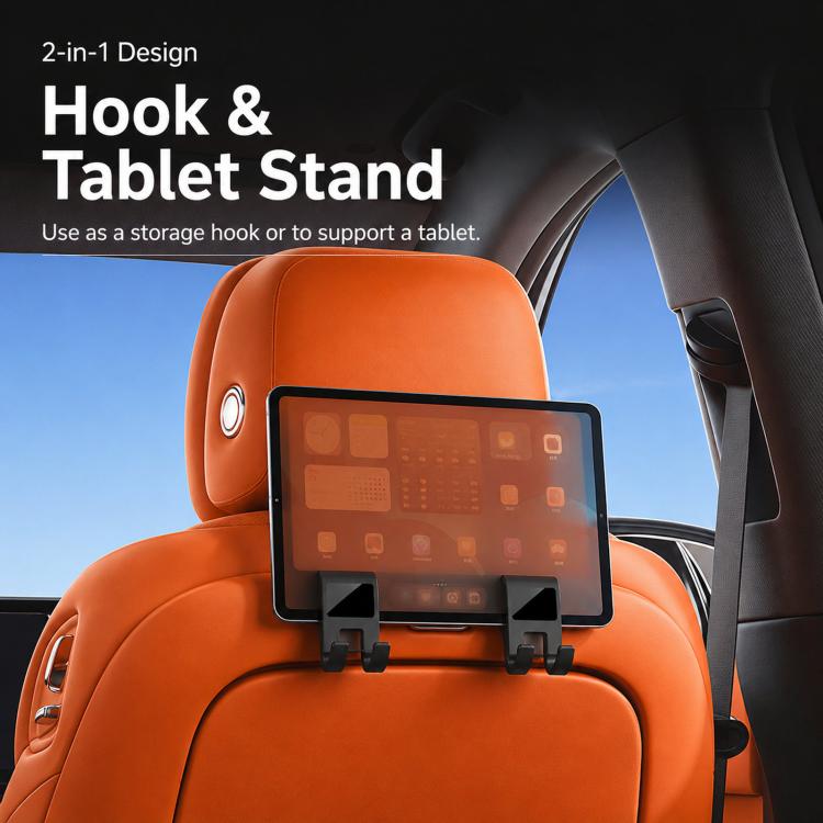 2pcs /Pack Car Headrest Hooks With Tablet Holder 360-Degree Rotatable Backseat Storage Organizer For Purses, Grocery Bags, Umbrellas - Black