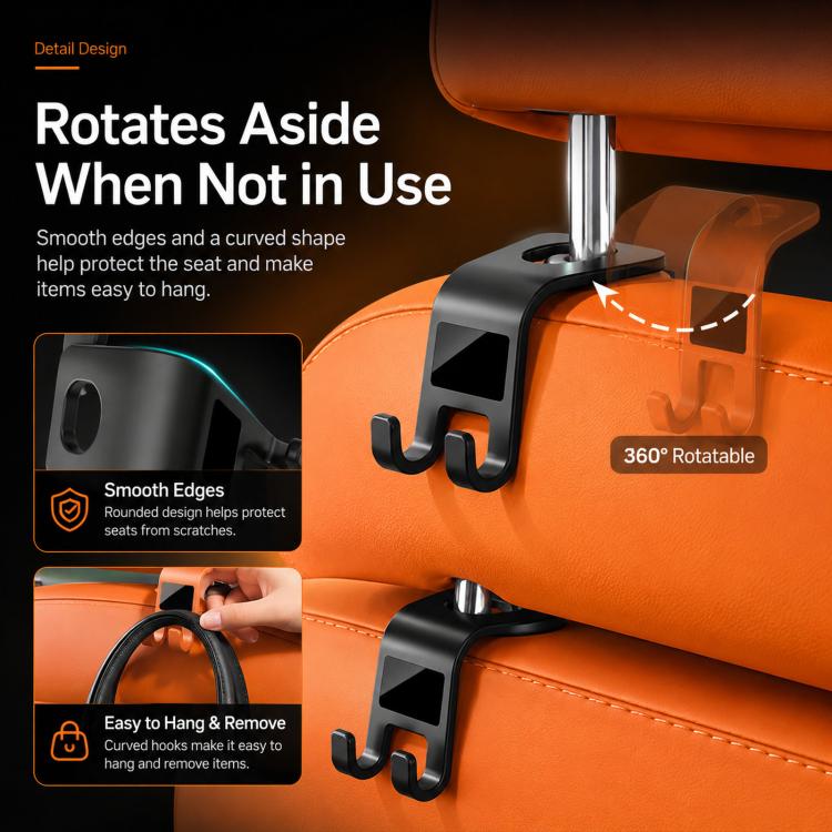 2pcs /Pack Car Headrest Hooks With Tablet Holder 360-Degree Rotatable Backseat Storage Organizer For Purses, Grocery Bags, Umbrellas - Black