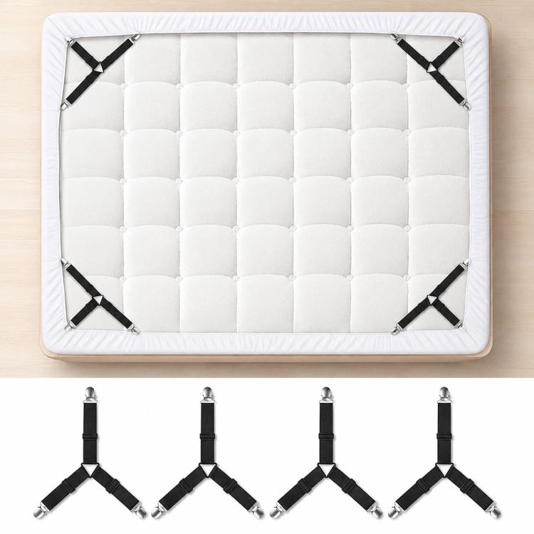 4pcs /Pack Bed Sheet Fasteners 3-Way Triangle Sheet Straps Adjustable Elastic Mattress Sheet Holder Straps with Metal Clips & Fabric Protectors - Black