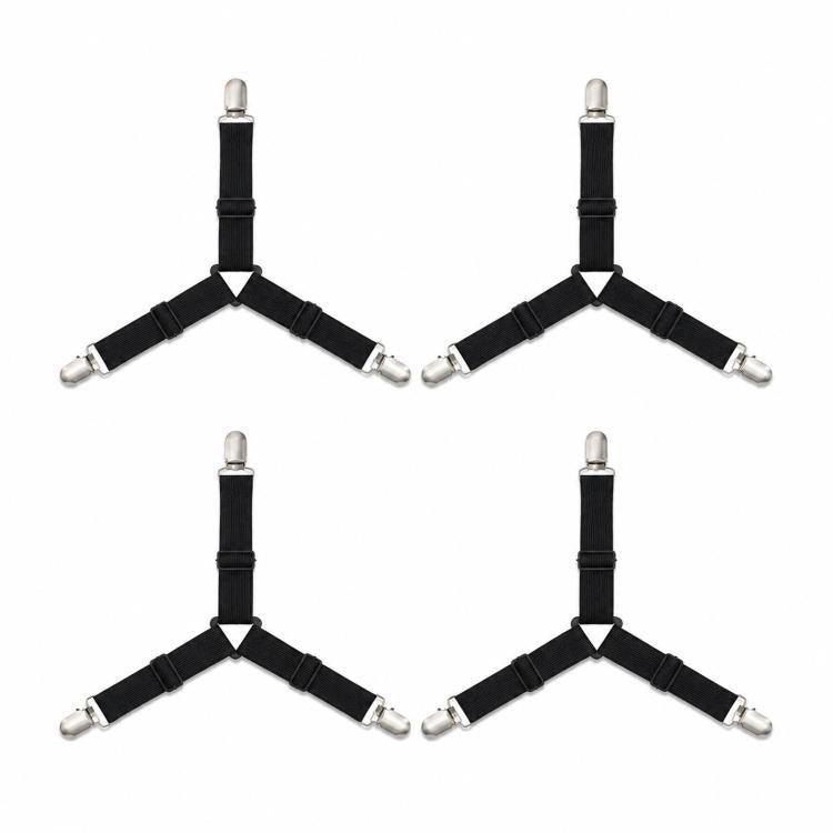 4pcs /Pack Bed Sheet Fasteners 3-Way Triangle Sheet Straps Adjustable Elastic Mattress Sheet Holder Straps with Metal Clips & Fabric Protectors - Black