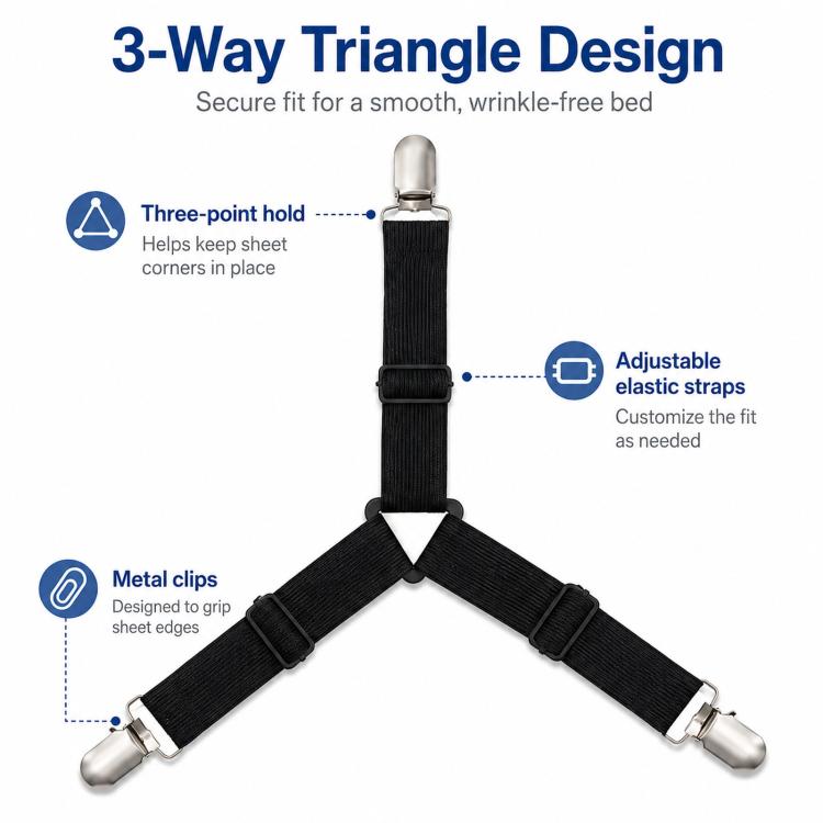4pcs /Pack Bed Sheet Fasteners 3-Way Triangle Sheet Straps Adjustable Elastic Mattress Sheet Holder Straps with Metal Clips & Fabric Protectors - Black