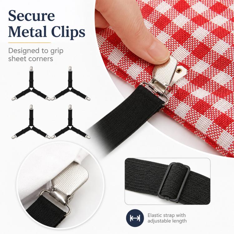 4pcs /Pack Bed Sheet Fasteners 3-Way Triangle Sheet Straps Adjustable Elastic Mattress Sheet Holder Straps with Metal Clips & Fabric Protectors - Black
