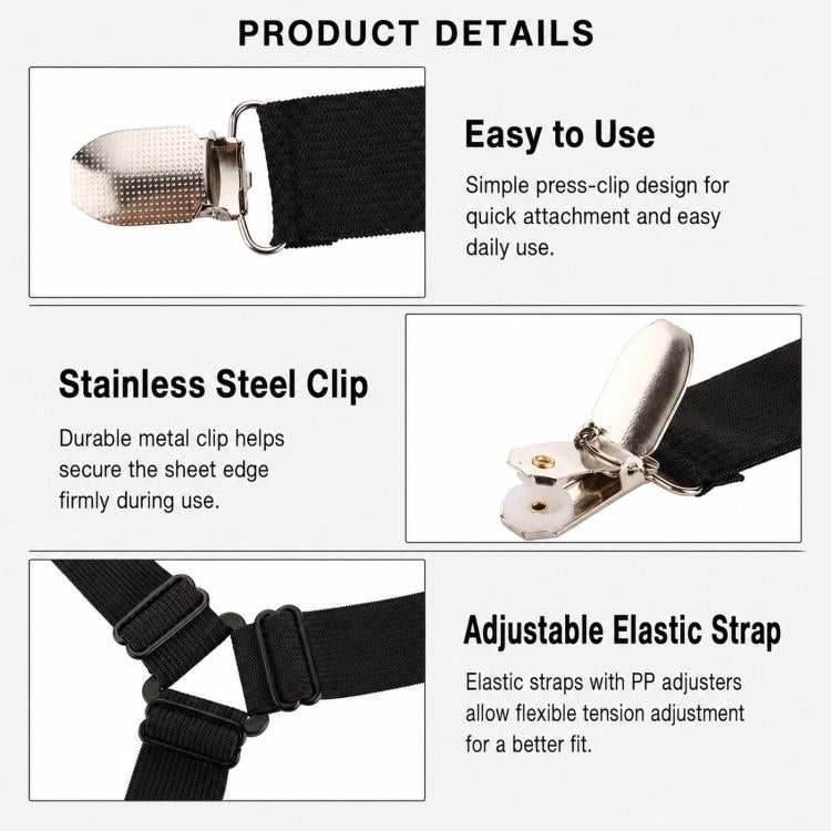 4pcs /Pack Bed Sheet Fasteners 3-Way Triangle Sheet Straps Adjustable Elastic Mattress Sheet Holder Straps with Metal Clips & Fabric Protectors - Black