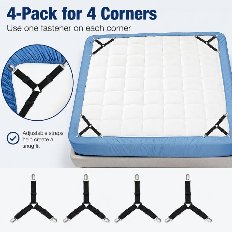 4pcs /Pack Bed Sheet Fasteners 3-Way Triangle Sheet Straps Adjustable Elastic Mattress Sheet Holder Straps with Metal Clips & Fabric Protectors - Black