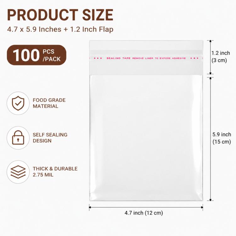 100pcs /Pack Clear Cellophane Bags Self Sealing Cello Bags 2.75 Mil Food Grade OPP Plastic Cookie Bags for Bakery  4.7x5.9+1.2inch Flap