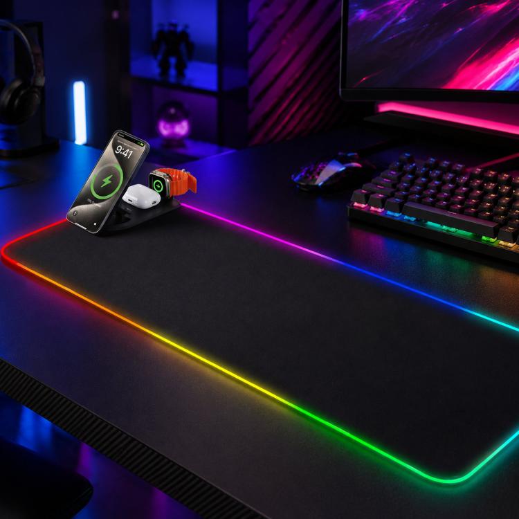 3 In 1 Magnetic Wireless Charging Station RGB Mouse Pad 15W Fast Wireless Charger Desk Mat For Phone, Watch, AirPods - 800x300x4mm