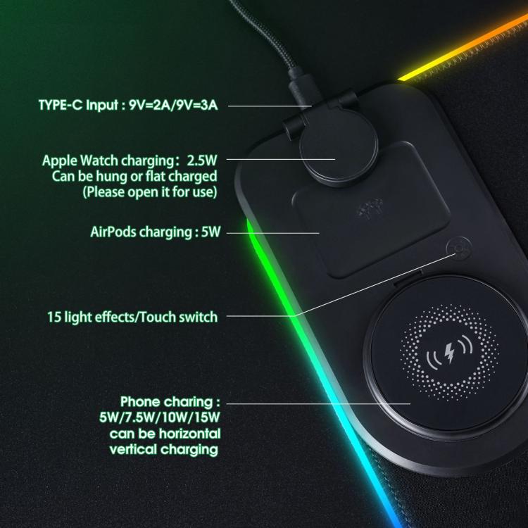 3 In 1 Magnetic Wireless Charging Station RGB Mouse Pad 15W Fast Wireless Charger Desk Mat For Phone, Watch, AirPods - 800x300x4mm