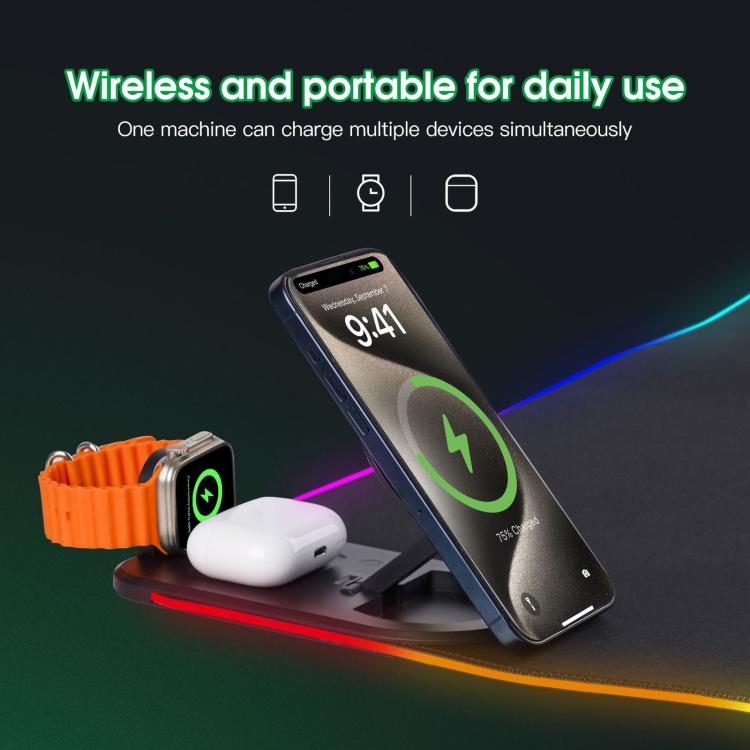 3 In 1 Magnetic Wireless Charging Station RGB Mouse Pad 15W Fast Wireless Charger Desk Mat For Phone, Watch, AirPods - 800x300x4mm