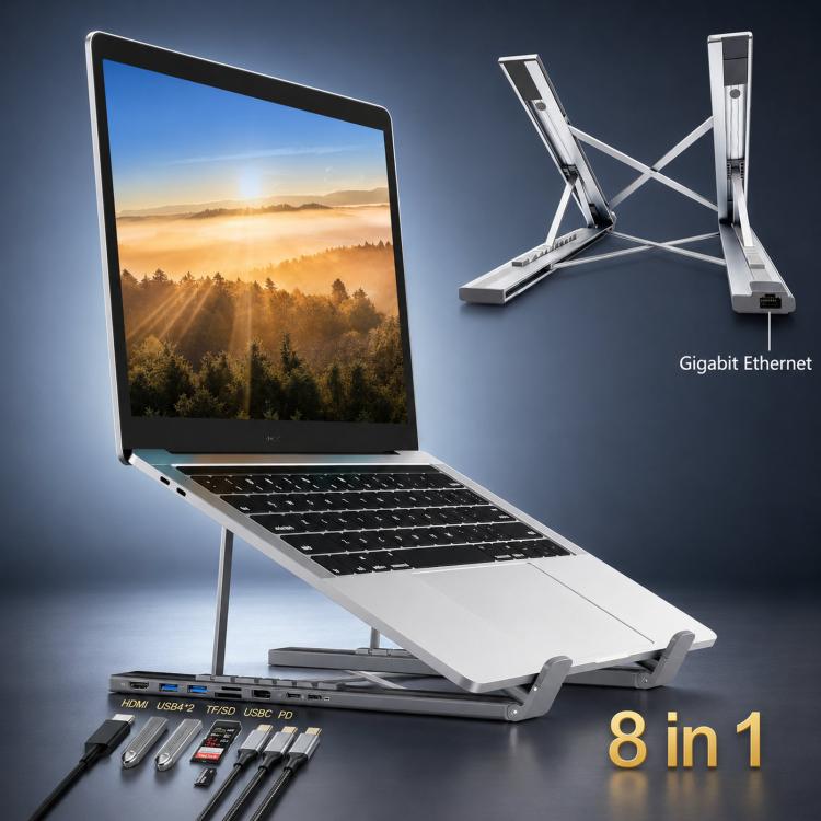 8-In-1 Laptop Stand With USB-C Hub Laptop Riser With Gigabit Ethernet, 4K HDMI, 2 USB 3.0, SD/TF, 100W PD, Foldable Portable Docking Station - Silver