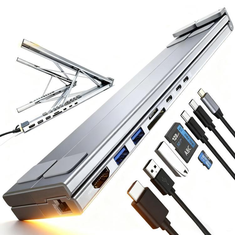 8-In-1 Laptop Stand With USB-C Hub Laptop Riser With Gigabit Ethernet, 4K HDMI, 2 USB 3.0, SD/TF, 100W PD, Foldable Portable Docking Station - Silver