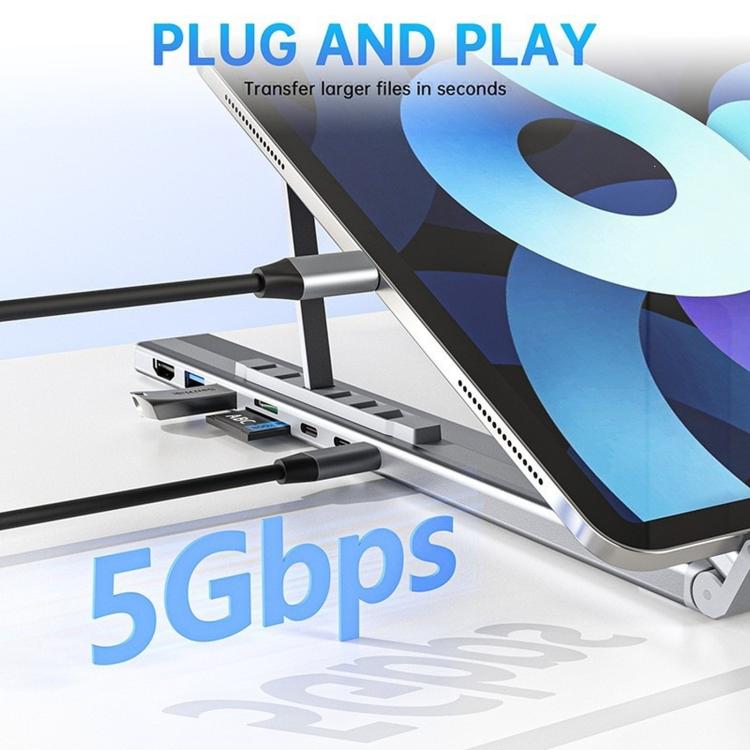 8-In-1 Laptop Stand With USB-C Hub Laptop Riser With Gigabit Ethernet, 4K HDMI, 2 USB 3.0, SD/TF, 100W PD, Foldable Portable Docking Station - Silver
