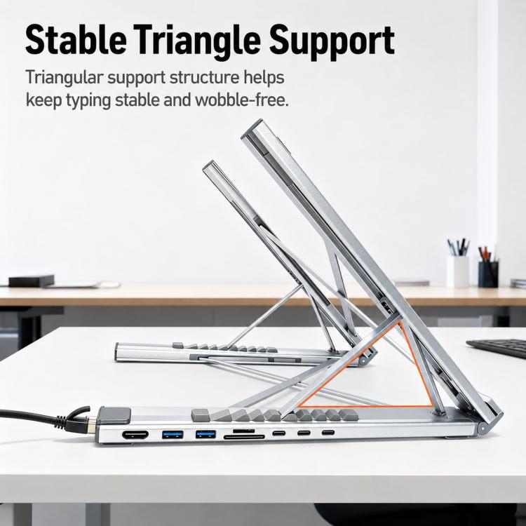 8-In-1 Laptop Stand With USB-C Hub Laptop Riser With Gigabit Ethernet, 4K HDMI, 2 USB 3.0, SD/TF, 100W PD, Foldable Portable Docking Station - Silver