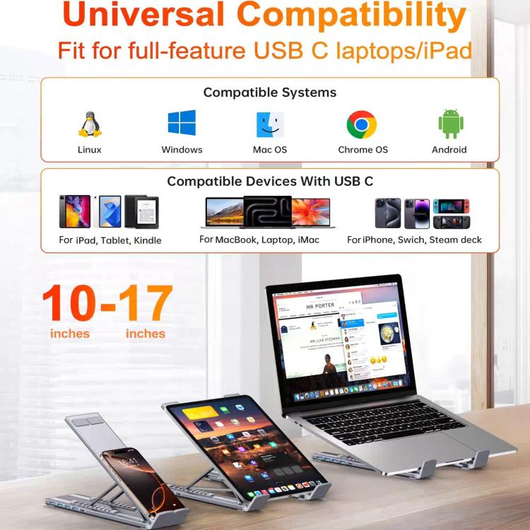 8-In-1 Laptop Stand With USB-C Hub Laptop Riser With Gigabit Ethernet, 4K HDMI, 2 USB 3.0, SD/TF, 100W PD, Foldable Portable Docking Station - Silver