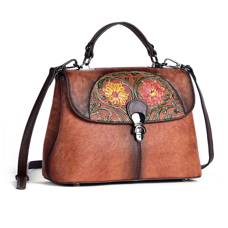 Top-Grain Cowhide Embossed Vintage Hand-Rubbed Color Handbag